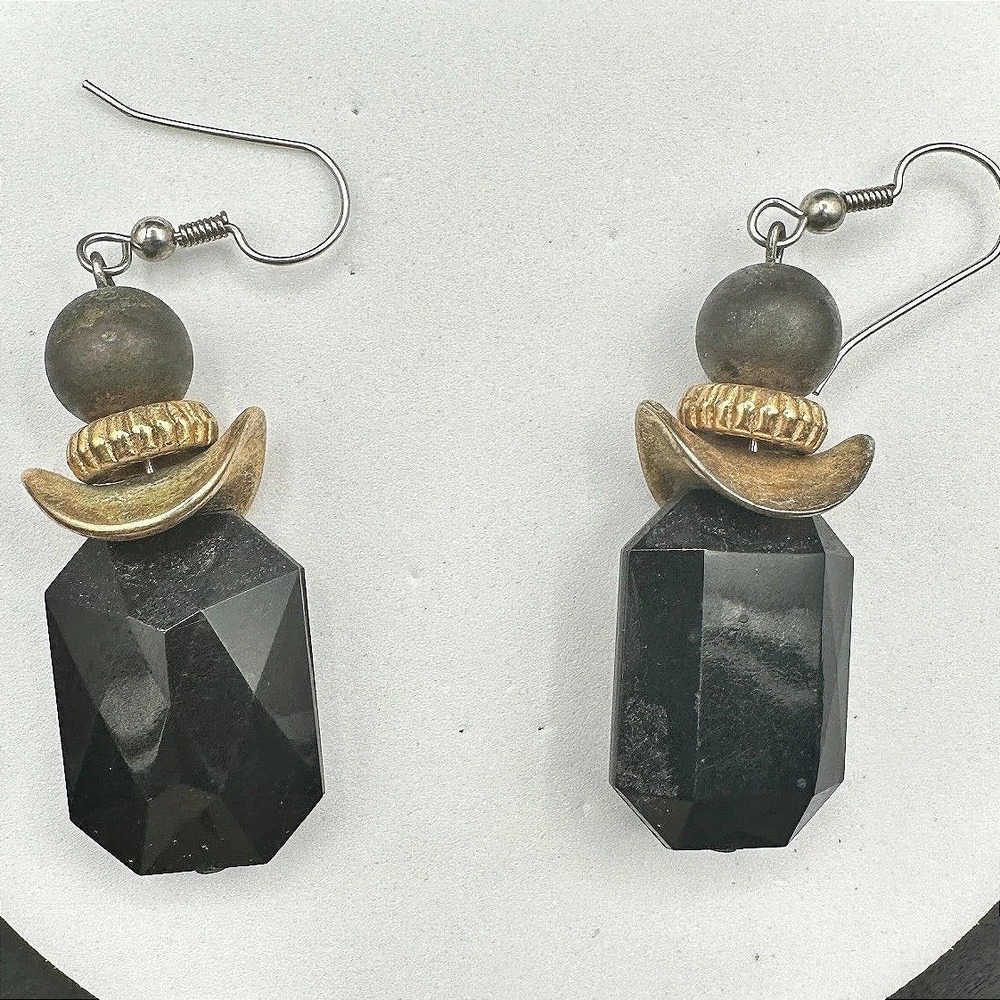 Vintage 90s‎ Black Faceted Drop Earrings Gold Tribal-Inspired Boho Statement